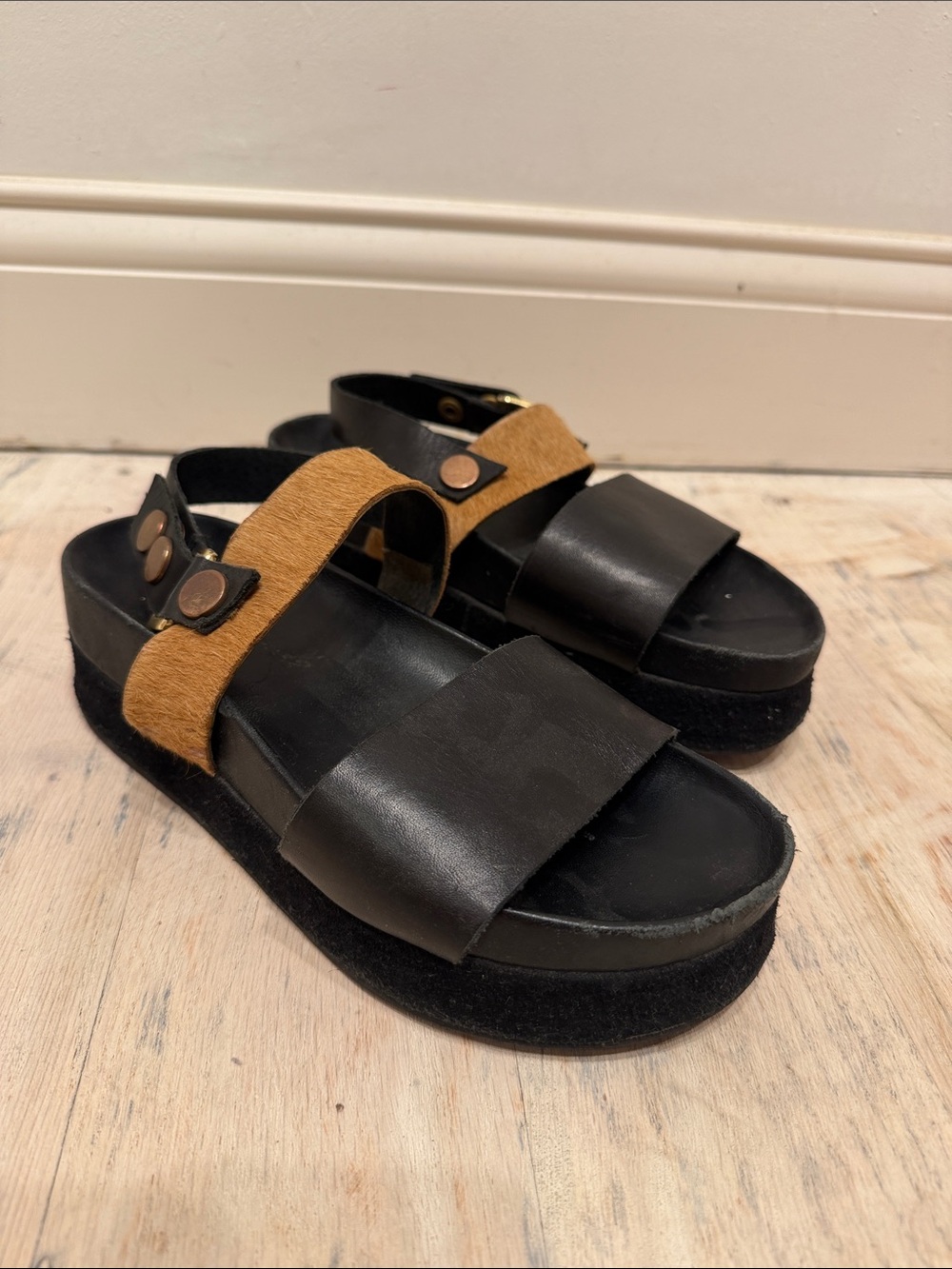Free People Black Platform Sandals with Tan Straps